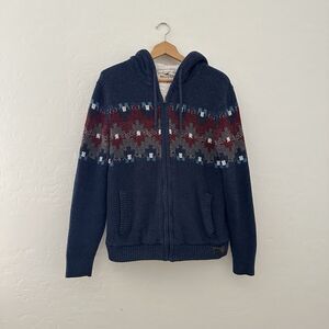 Hollister Jacket Hoodie Mens Medium Navy Sherpa Lined Faux Fur Heavy Knit Y2K